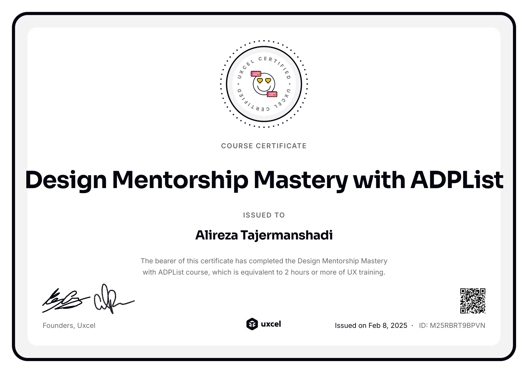 Alireza Tajermanshadi's certificate